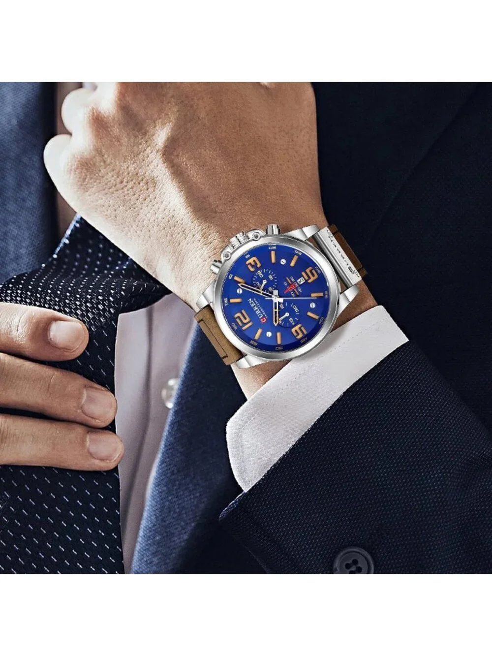 Men's Brown And Blue Analog Leather Strap Sandwich Dial Chronograph Wrist Watch